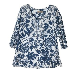 Carla Conti Floral Linen Blouse S Italy Lagenlook 3/4 Sleeves Embellished Vacay